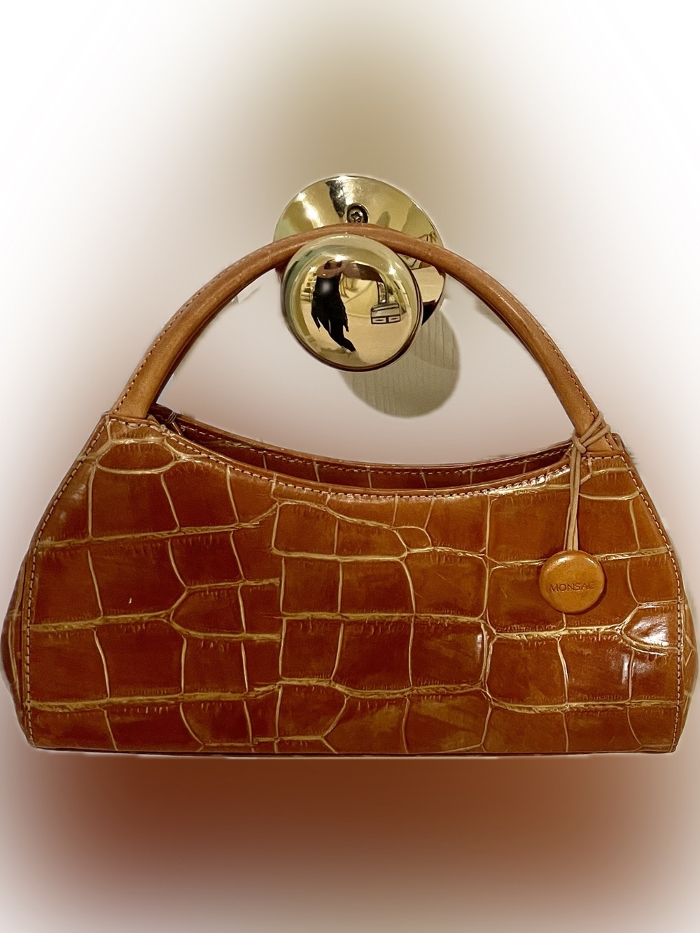 Vintage Monsac Croc Embossed Baguette Shoulder Bag Cognac Y2K